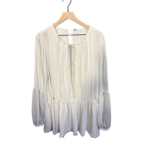 Free People Ivory Long-Sleeve Blouse With Lace Inserts & Sheer Panels Boho Style - Picture 2 of 9